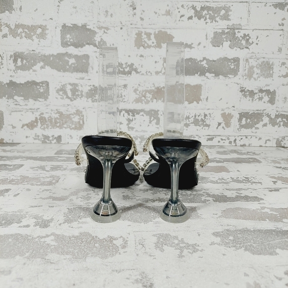 New CHASE & CHLOE Double Rhinestone Pyramid Heel Sandal In Black Silver D702 - Picture 5 of 12